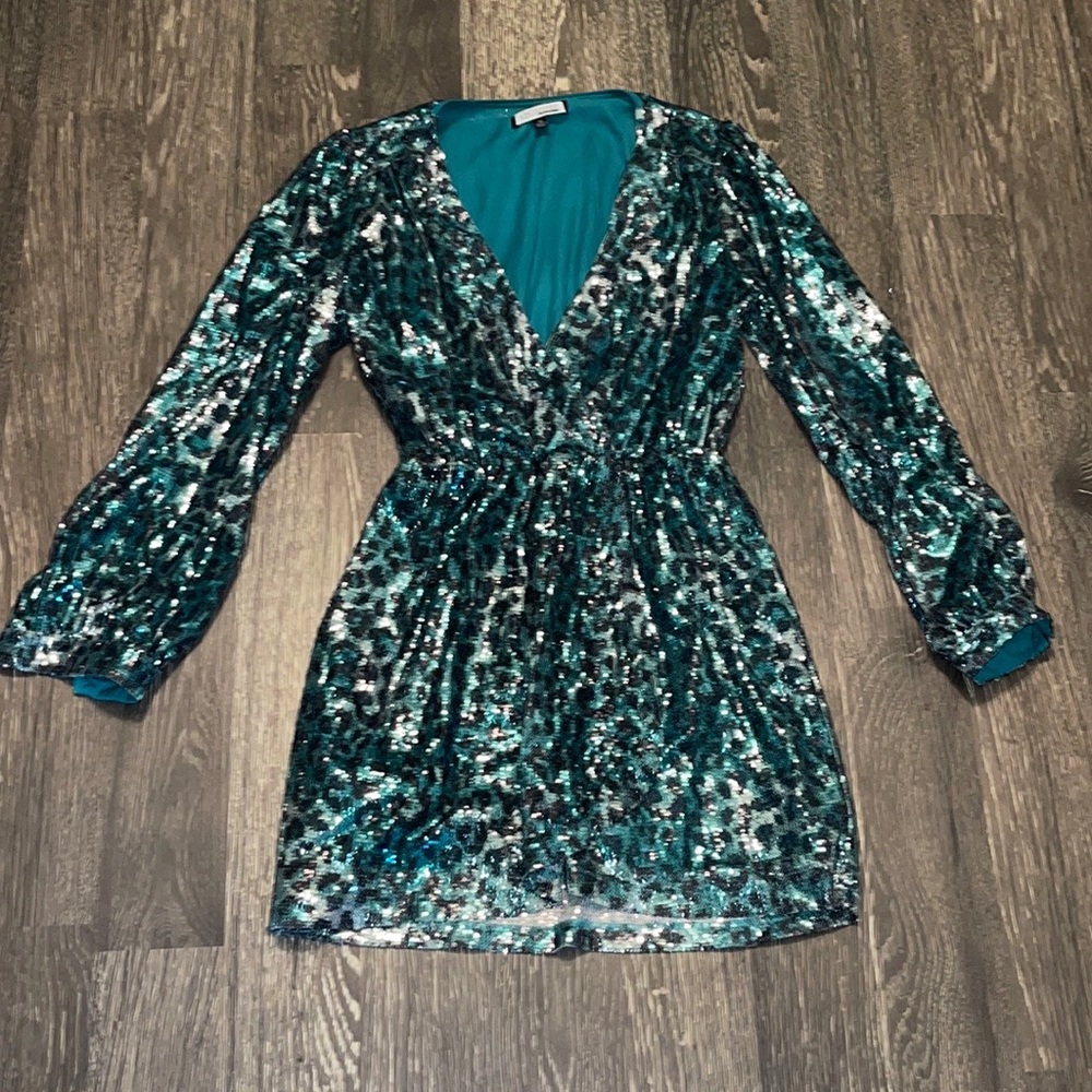 Runway Couture Teal Leopard Sequin Long Sleeve wrap skirt dress Size: M